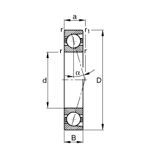 主軸軸承 B7016-C-T-P4S, 調節，成對安裝，接觸角 α = 15°，限制公差